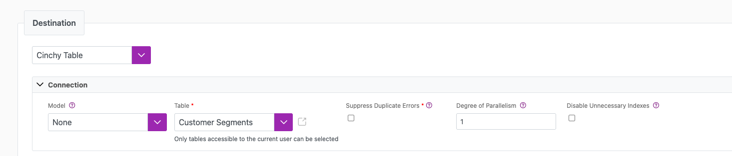 Disable Unnecessary Indexes option on a Connections destination