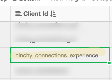 Image 3: Navigate to the row where the Client ID column is &quot; cinchy_connections_experience&quot;