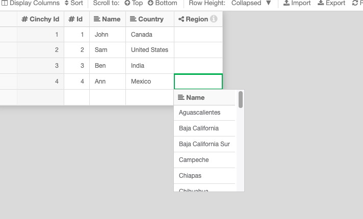 Region dropdown filtered to Mexican states when Country is Mexico