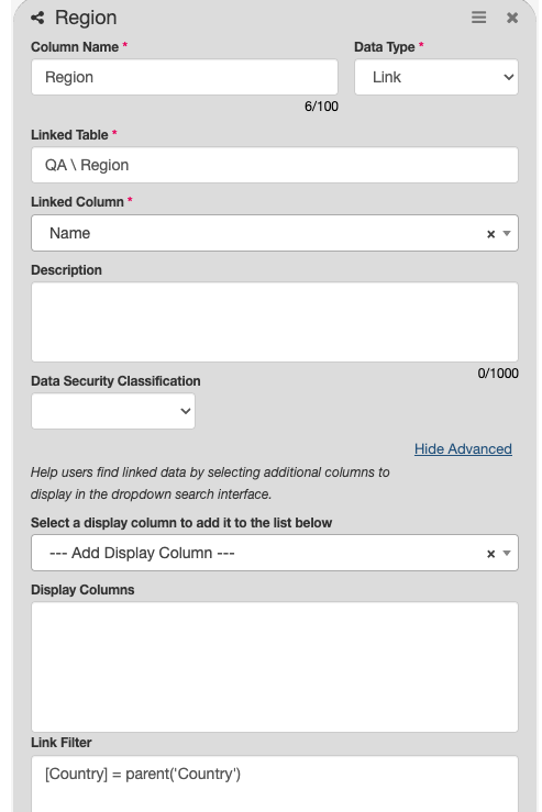 The Region link column configuration with Link Filter set to [Country] = parent('Country')